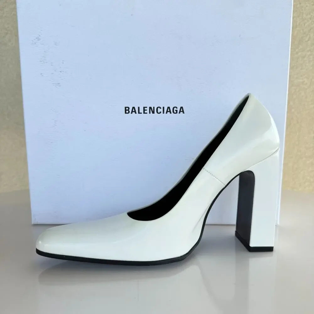 NIB Balenciaga Round 110 White Shiny Patent Leather High Heel Pumps Size 35.5